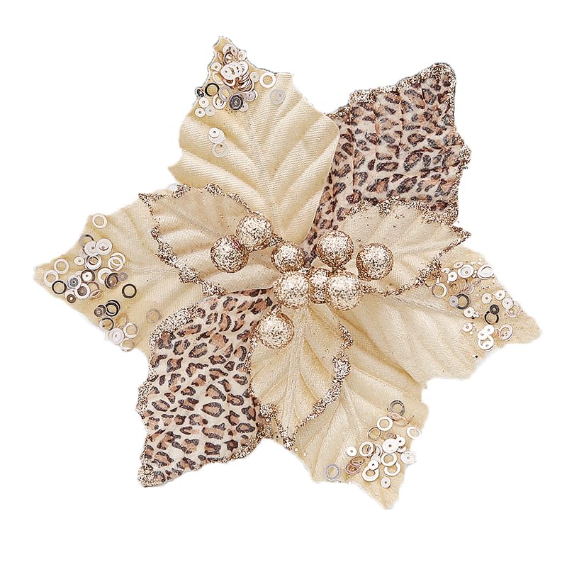 Tiecawk Gold Leopard Print Christmas Flowers 8.26 Inch, 8 Pieces Holiday Decor