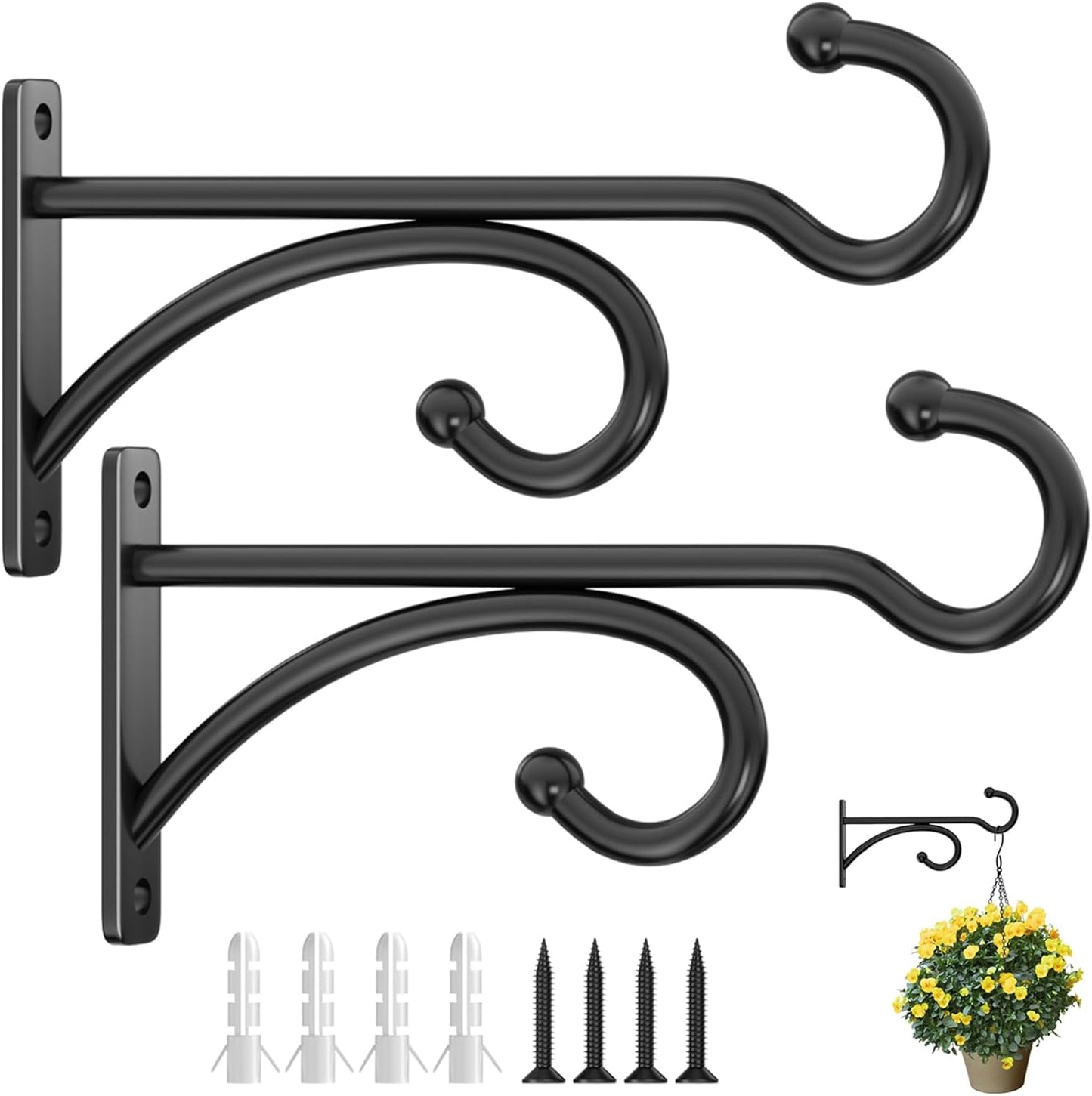 Plant Hanger Hooks - Black Metal Wall Mounts for Indoor/Outdoor Planters | 2-Pack for Baskets & Lanterns