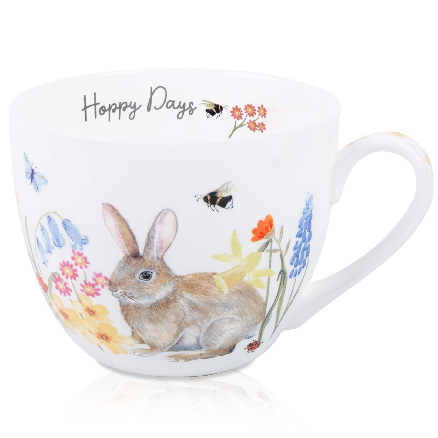 20 oz Easter Bunny Coffee Hug Mug, Spring Flowers & "Happy Days" Slogan, Premium Bone China Rabbit Tea Mug, Cute Easter Gift for Women, Family, Friends, Designed in England by Harvest Green Studio