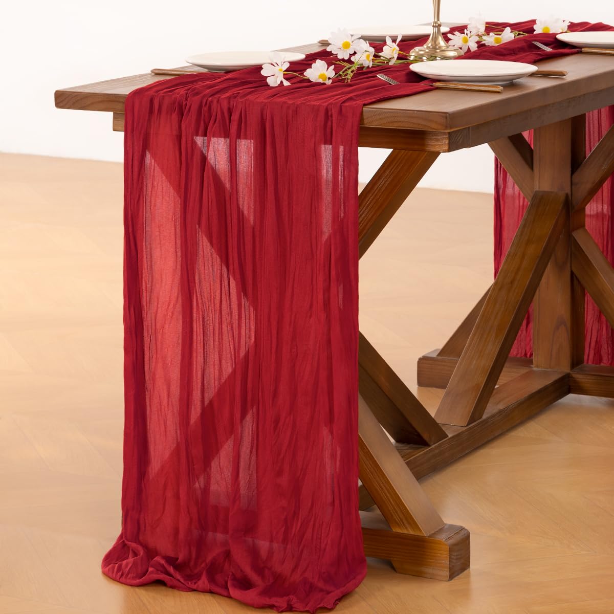 Socomi 6pcs Red Cheesecloth Table Runner Boho Rustic Gauze 120 inch 10FT Cheese Cloth Sheer Runner for Wedding Party Baby Shower Birthday Home Decor Holiday Decorations