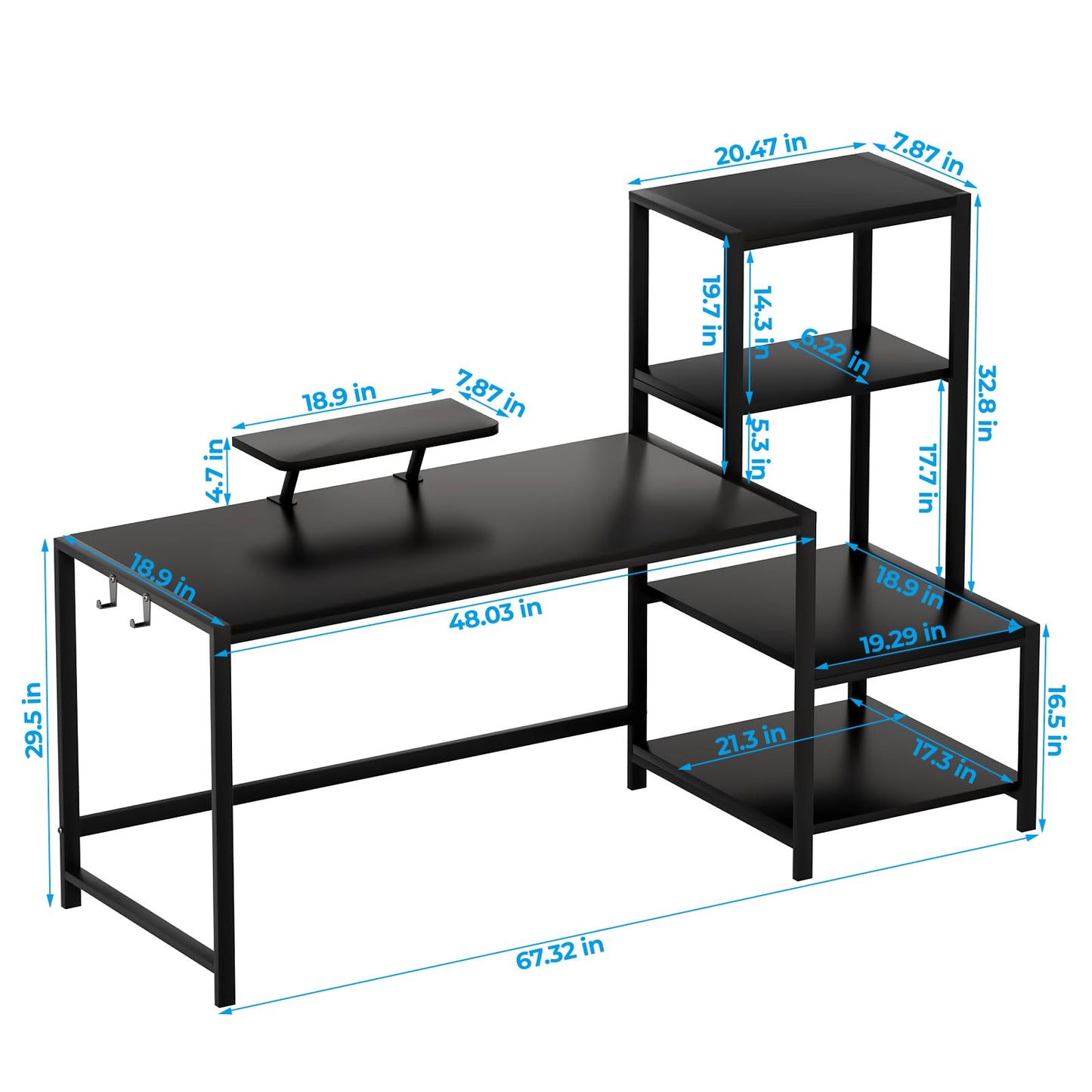 GreenForest Computer Desk 67 inch with Printer Shelf, Reversible Office Desk with Monitor Stand and 2 Hooks, Home Desk Workstation for Study Writing Working Gaming, Black