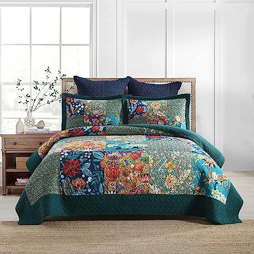 Autumn Dream Reversible Cotton Bedspread Quilt Set Turquoise Floral Patchwork Queen Size