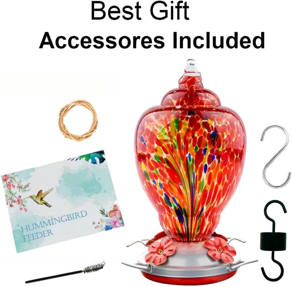 WOSIBO Hummingbird Feeder - Large 32 Ounce Colorful Hand Blown Glass with Ant Moat & Accessories | Red Firework