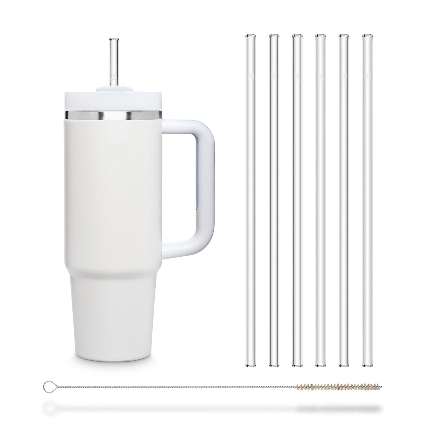 Halm Glass Straws - 6x 11 inch Long Replacement for Stanley Cup 30 OZ Bottles + Plastic Free Cleaning Brush - Dishwasher Safe - Sustainable, Water Bottles