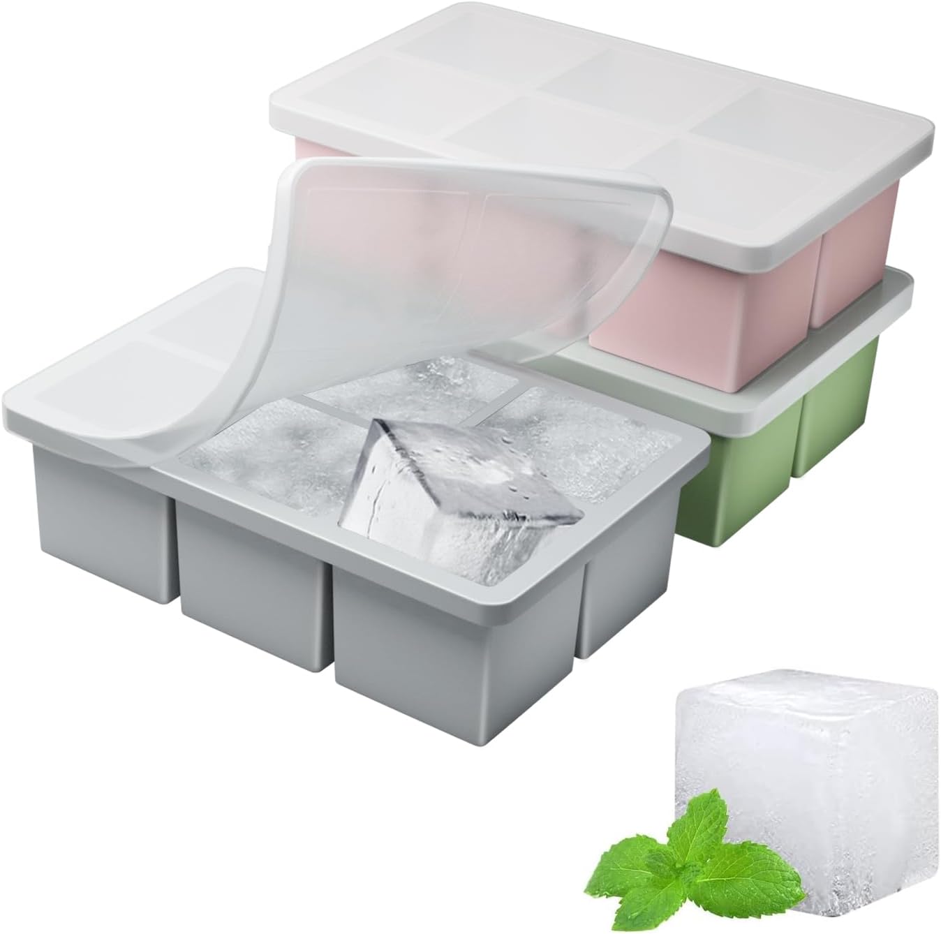 YUNISS Large Ice Cube Trays - 2 Inch Silicone Molds with Lid | Easy Release, Leakproof & Stackable for Whiskey, Cocktails, Coffee - 3 Pack