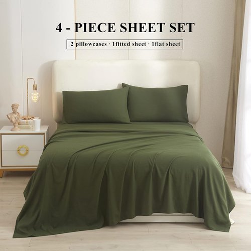HighBuy Queen Sheet Set - Luxury Cooling Bed Sheets with 4 Pieces | Army Green, Easy Care & Deep Pocket