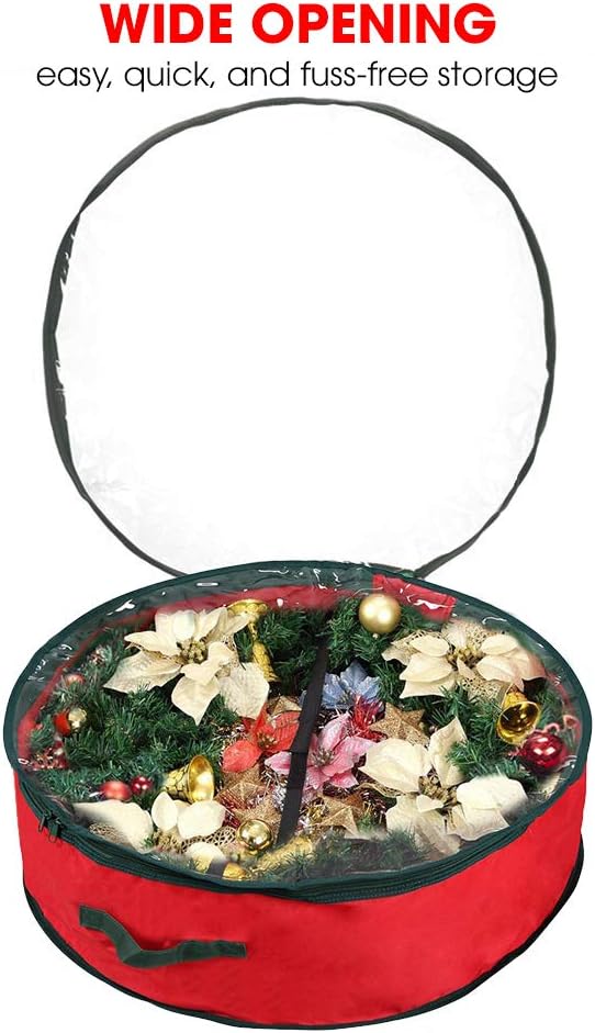 Primode Christmas Wreath Storage Bag 30" - Durable 600D Oxford Container with Clear Window for Easy Holiday Storage (Red)