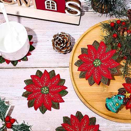 Whaline 10Pcs Christmas Embroidered Coaster Applique Poinsettia Double Layer Coaster Xmas Flower Cup Mat Pad for Christmas Winter Holiday Home Kitchen Office Table Decoration (4 x 4 Inch)