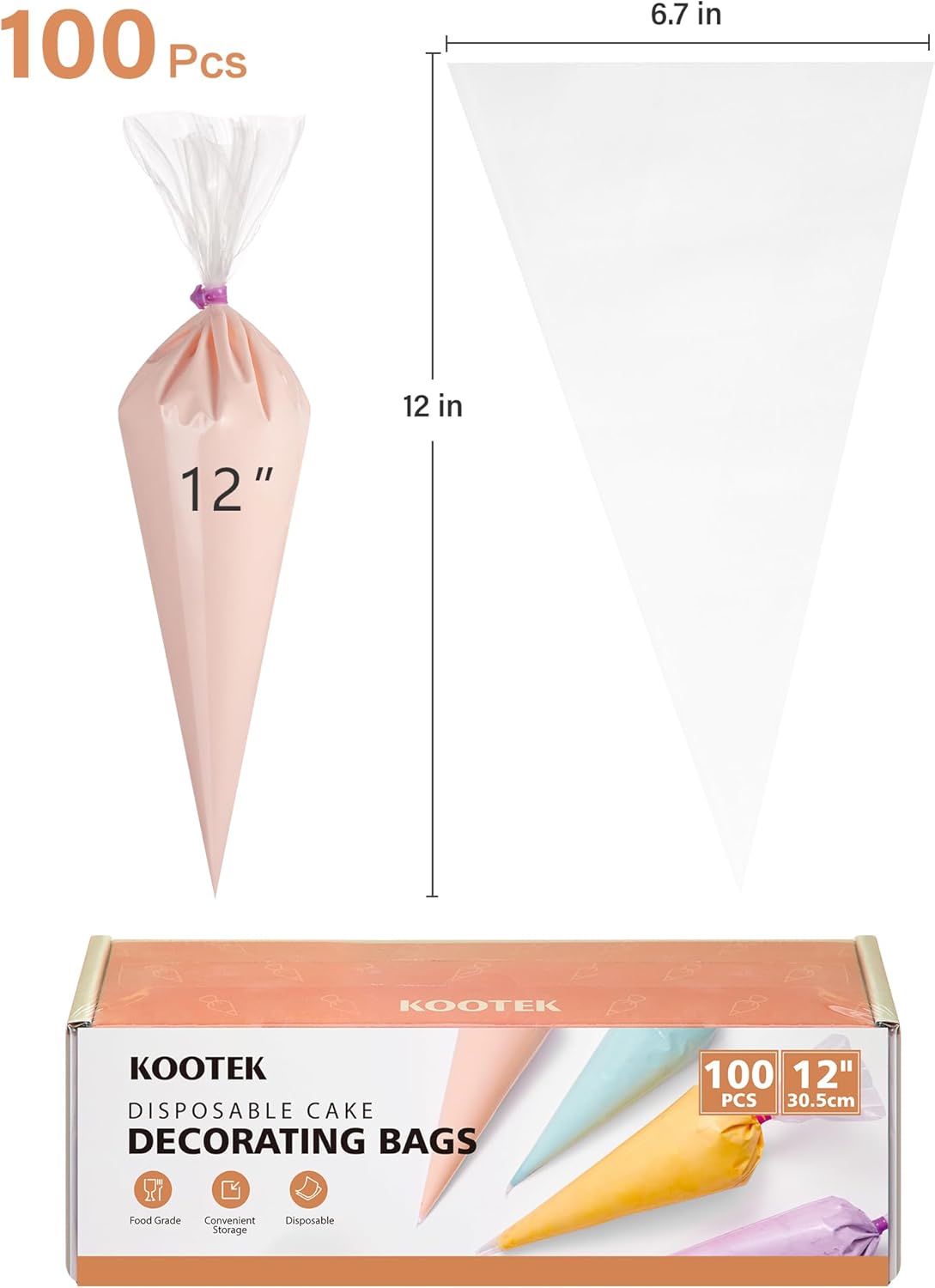 Kootek 12" Disposable Piping Bags - 100 Thick Anti-Burst Icing & Cake Decorating Bags