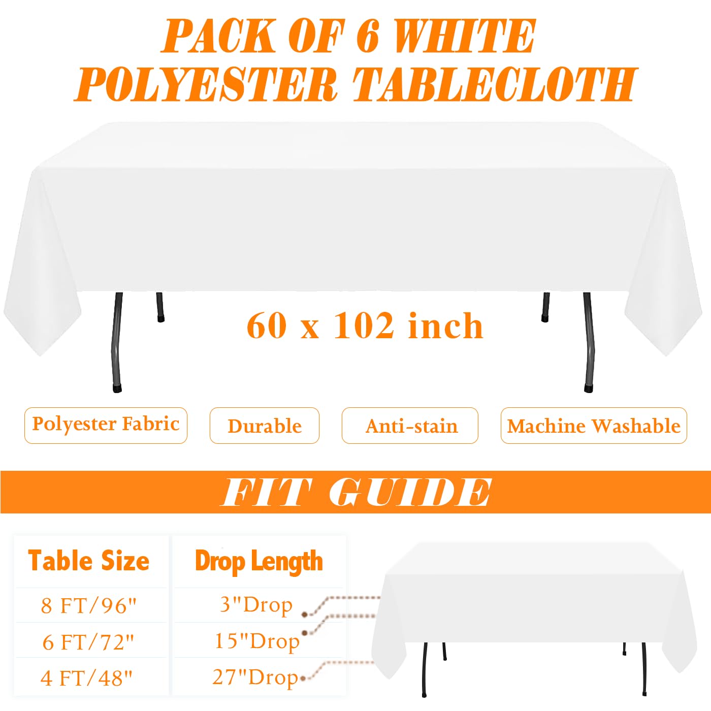 WIGENIUS 6 Pack White Table Cloth Rectangle Tablecloths 60X102 Inch,Polyester Table Cloth for 6 Foot Rectangle Tables,Wrinkle Resistant Washable Fabric Table Covers for Party,Wedding Banquet