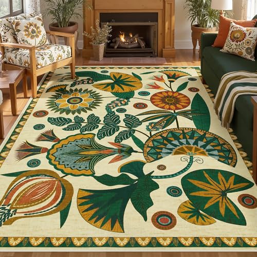 8x10 Beige Floral Area Rug for Living Room & Bedroom - Washable Non-Slip