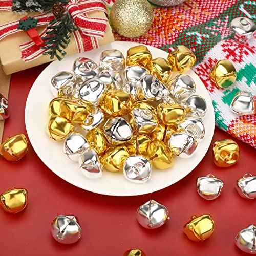 Augshy 100 Pieces Jingle Bells 4/5Inch Craft Bell Bulk for Christmas Home and Pet Decorations Xmas Decor Party Favors Supplies (Gold and Silver)