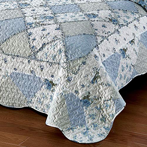 VIVILINEN Blue Floral Patchwork Quilt Set Full/Queen Size 87x95 - 3 Piece Bedding