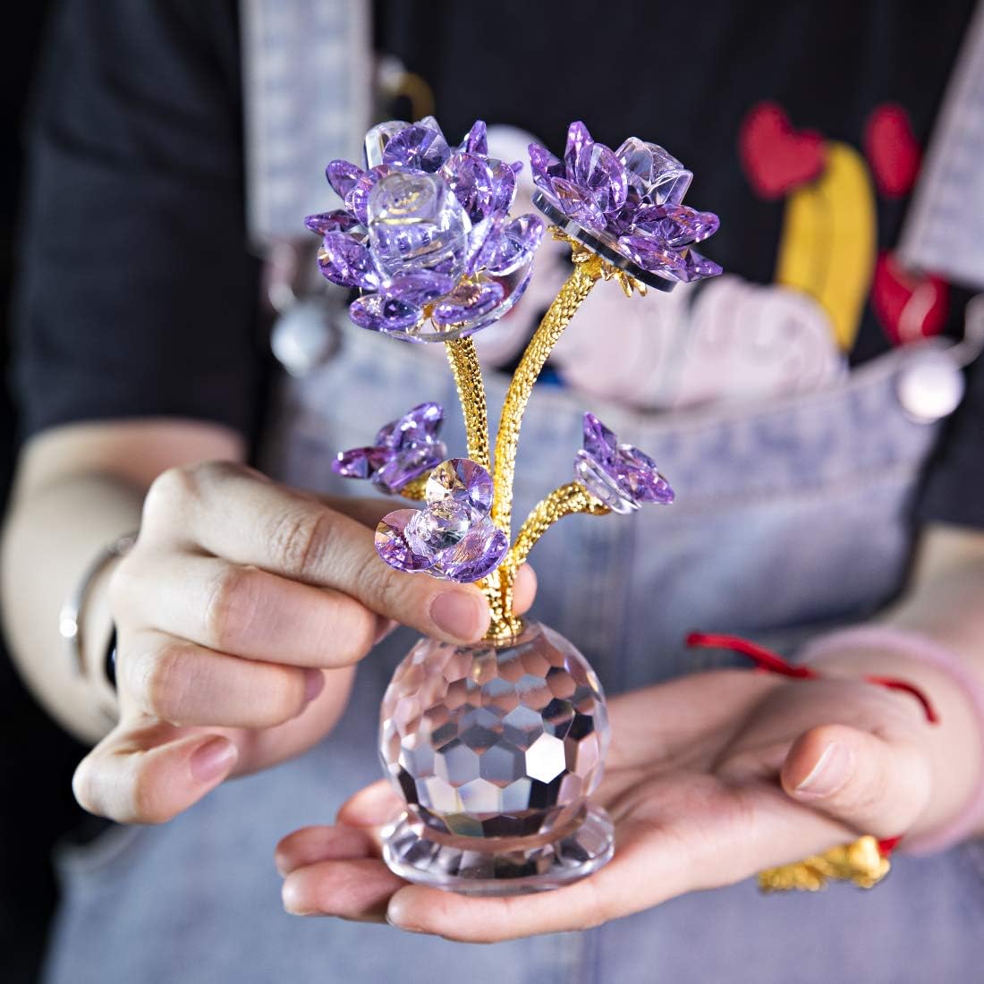 QFkris Purple Crystal Rose Flower Figurine - 6" Collectible Glass Statue | Elegant Home Decor Gift for Women