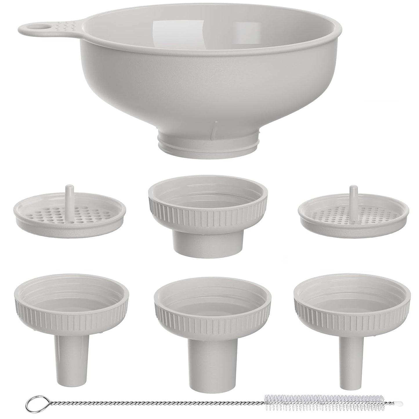 Pisol Wide Mouth Funnel Set - Versatile Food Grade Plastic Kitchen Funnels with 4 Spouts & 2 Strainers, Grey