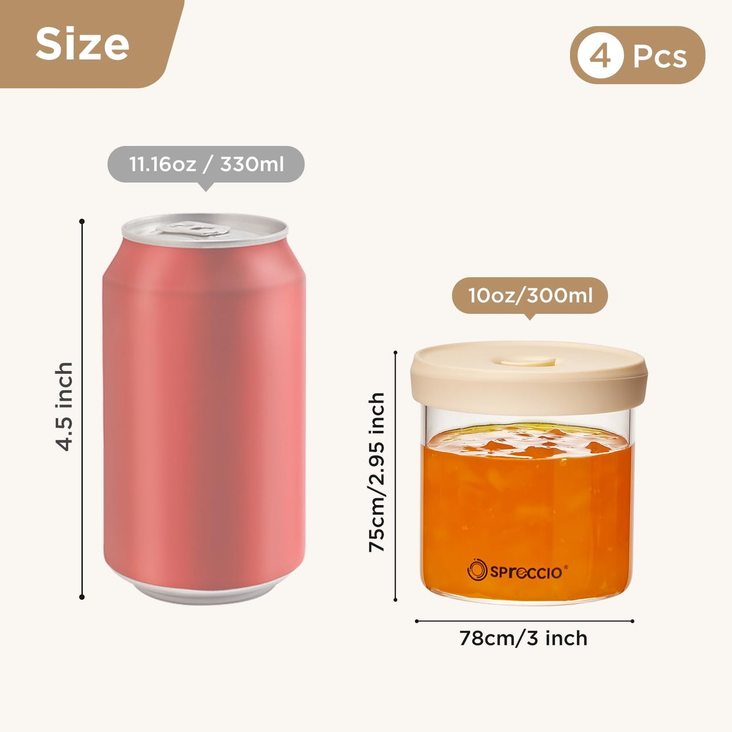 Spreccio Glass Food Jars - Airtight Dressing Containers with Lids, Perfect for Sauces, Overnight Oats, and Baby Food Storage, Small Glass Jars with Lids, 10oz Pack of 4