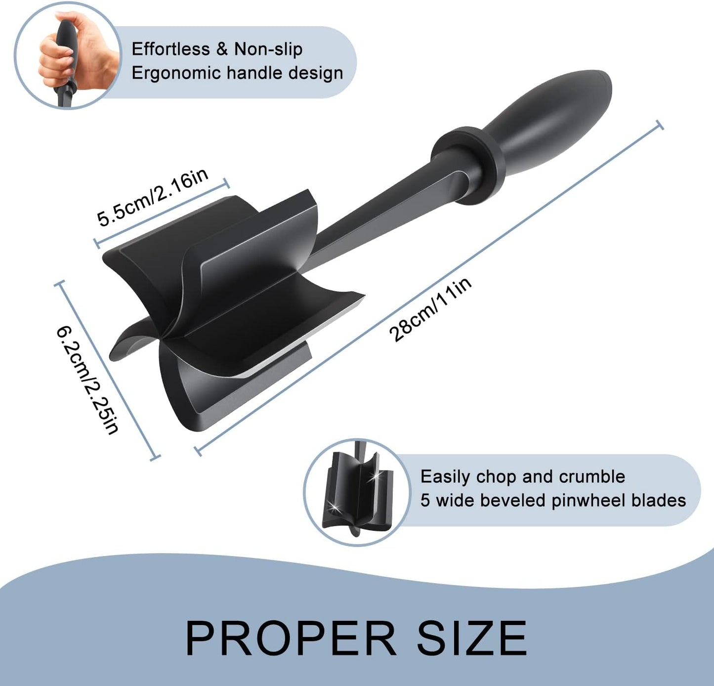 Meat Chopper - 5 Curve Blades Heat Resistant Tool for Ground Beef, Turkey & More | Nylon Masher Utensil