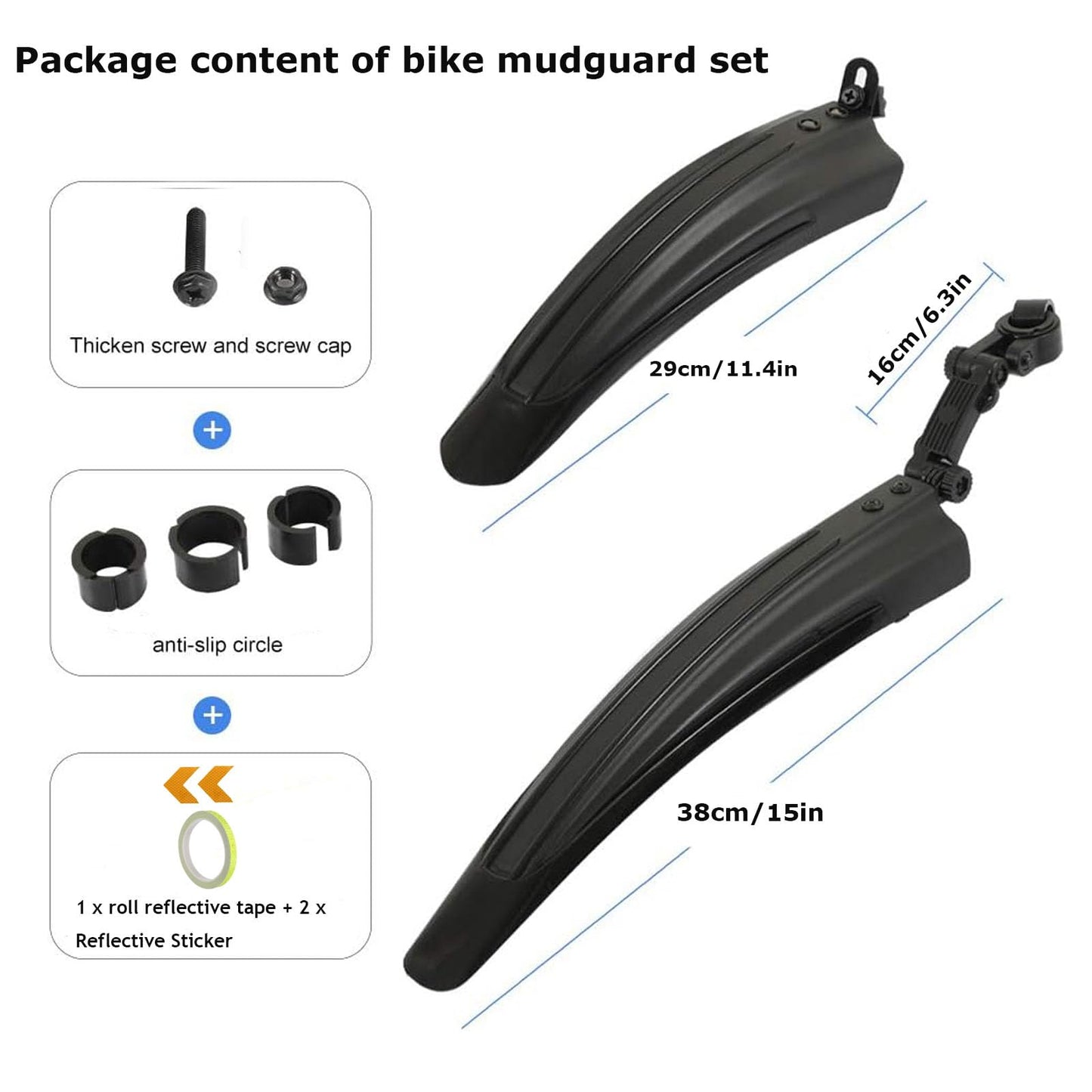 TuTuYa Bike Fender Set, Adjustable Bicycle Mudguards with 2 Arrow Reflective Stickers and 1 Reflective Tape, for 20-26 inch Bikes, Universal Front and Rear Tire Mud Guard for Most of Popular Bicycles