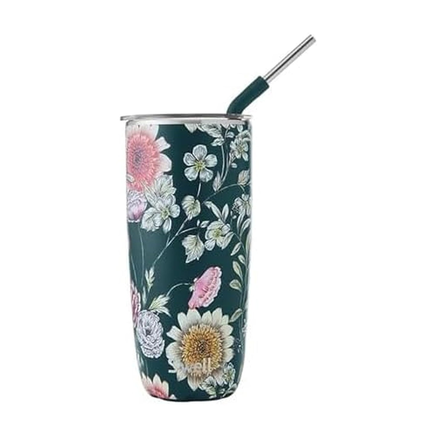 S'well Stainless Steel Tumbler with Straw and Slide-Open Lid, 24oz, Midnight Botanical Triple Layered Vacuum Insulated Containers Keeps Drinks Cold for 18 Hours and Hot for 5, BPA Free