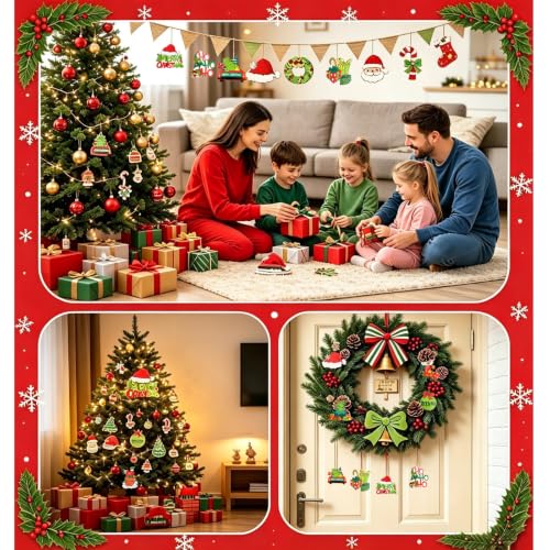 36Pcs Wooden Christmas Ornaments Set - 12 Retro Cartoon Styles Red & Green Indoor Holiday Decor