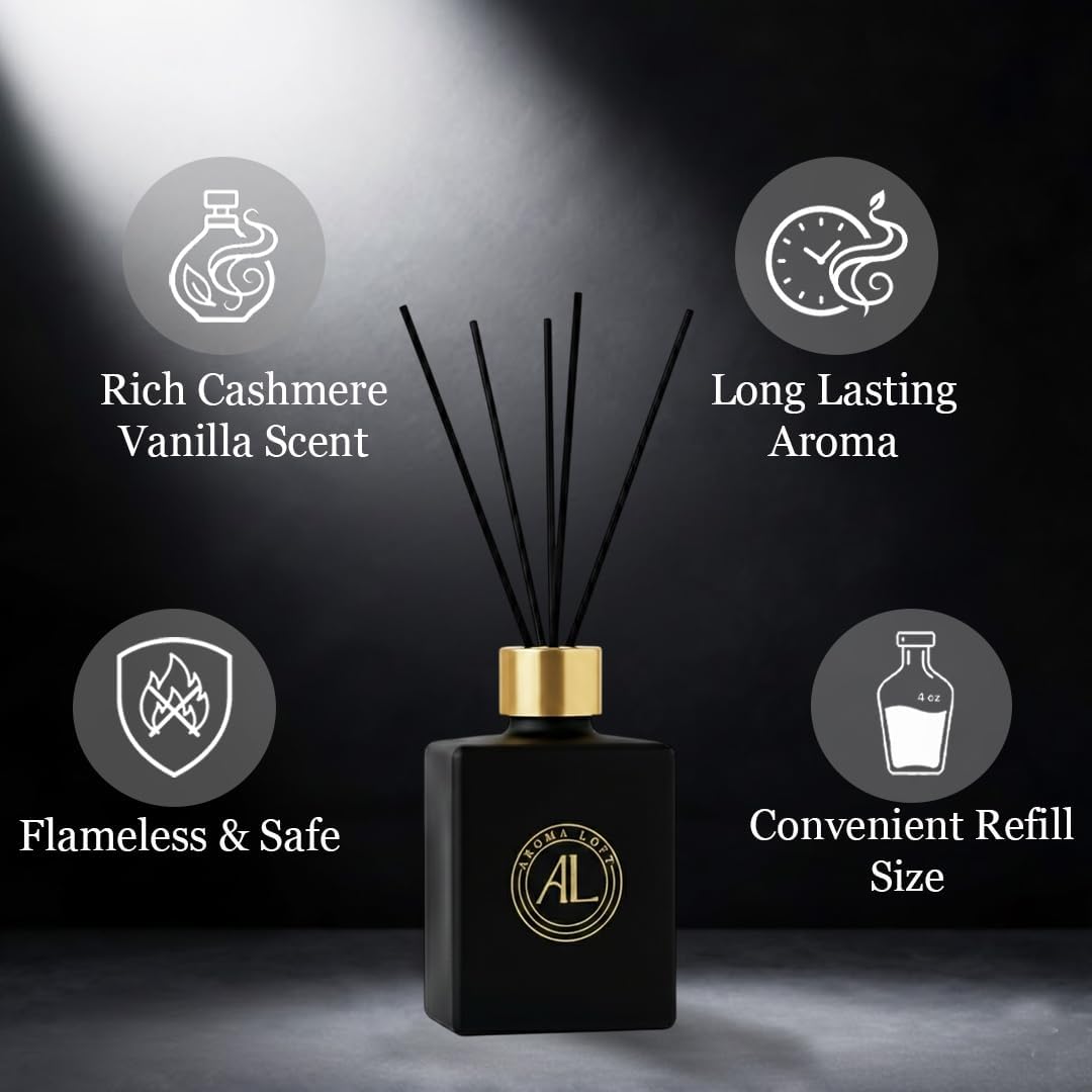 Smell Good Stuff Black Reed Diffuser - Premium Cashmere Vanilla Scent | Long-Lasting 5 oz Oil Set for Home & Office
