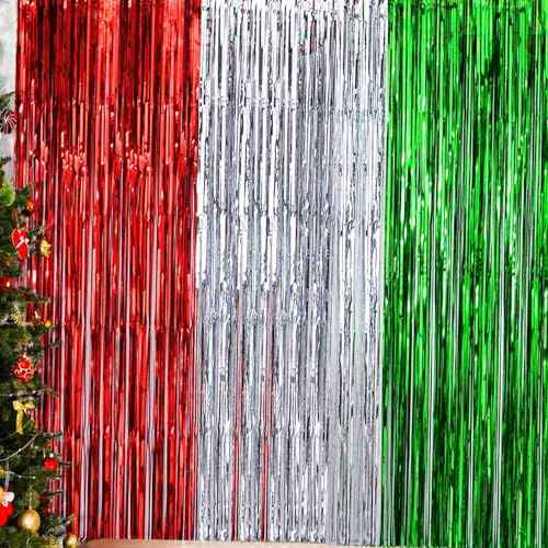 Christmas Foil Fringe Curtain -3 Pack of 3.2x8.2ft Red Silver Green Tinsel Fringe Backdrop Streamers for Christmas New Years Eve Party Supplies 2025 Photo Backdrop Party Decorations