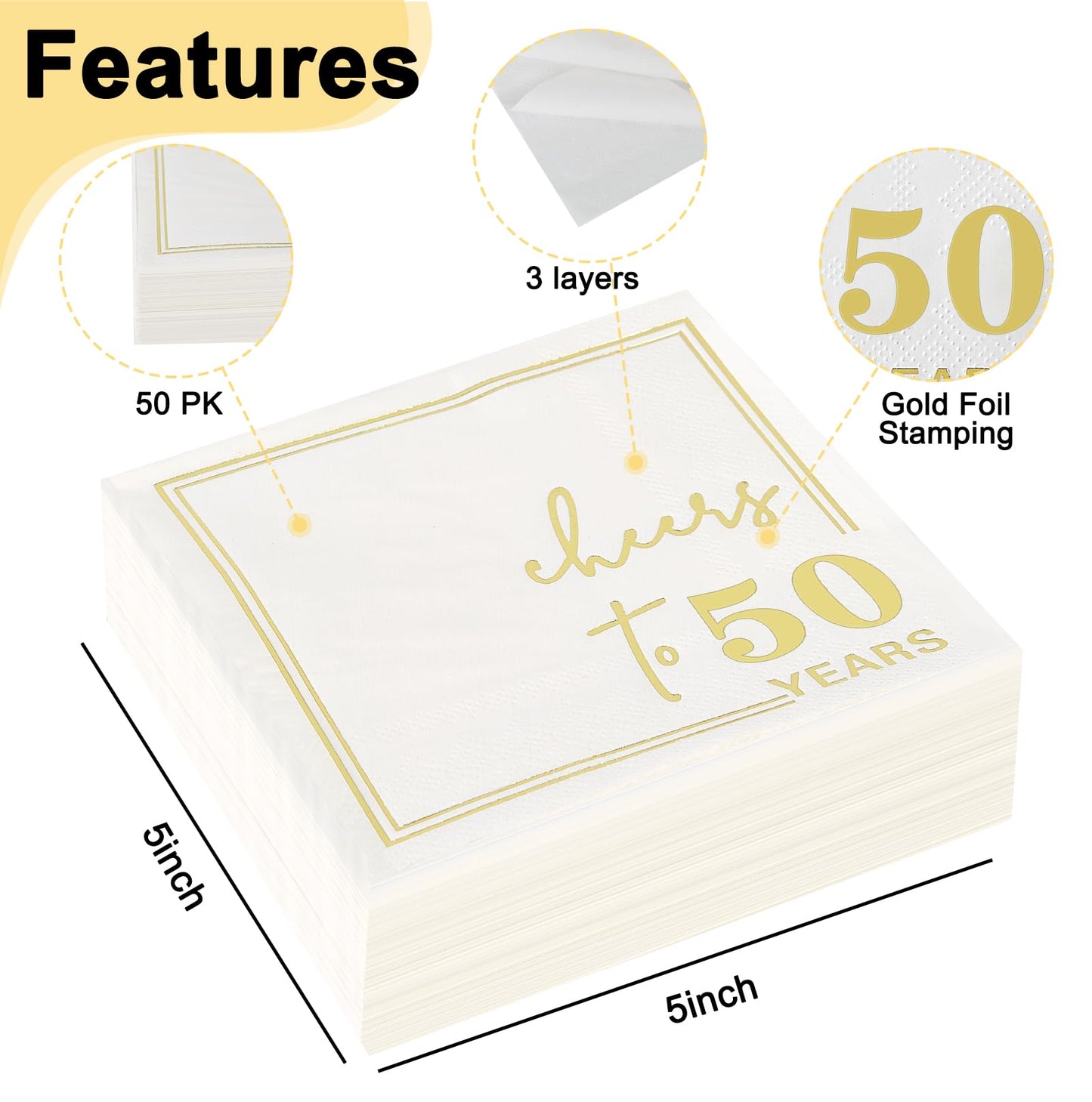 Ottin White Gold Cheers to 50 Years Cocktail Paper Napkins, 5x5 Inches, 50 Counts, 3-Ply Disposable Party Napkins for 50th Birthdays Decorations, Anniversaries, Weddings, Indoor & Outdoor Celebrations