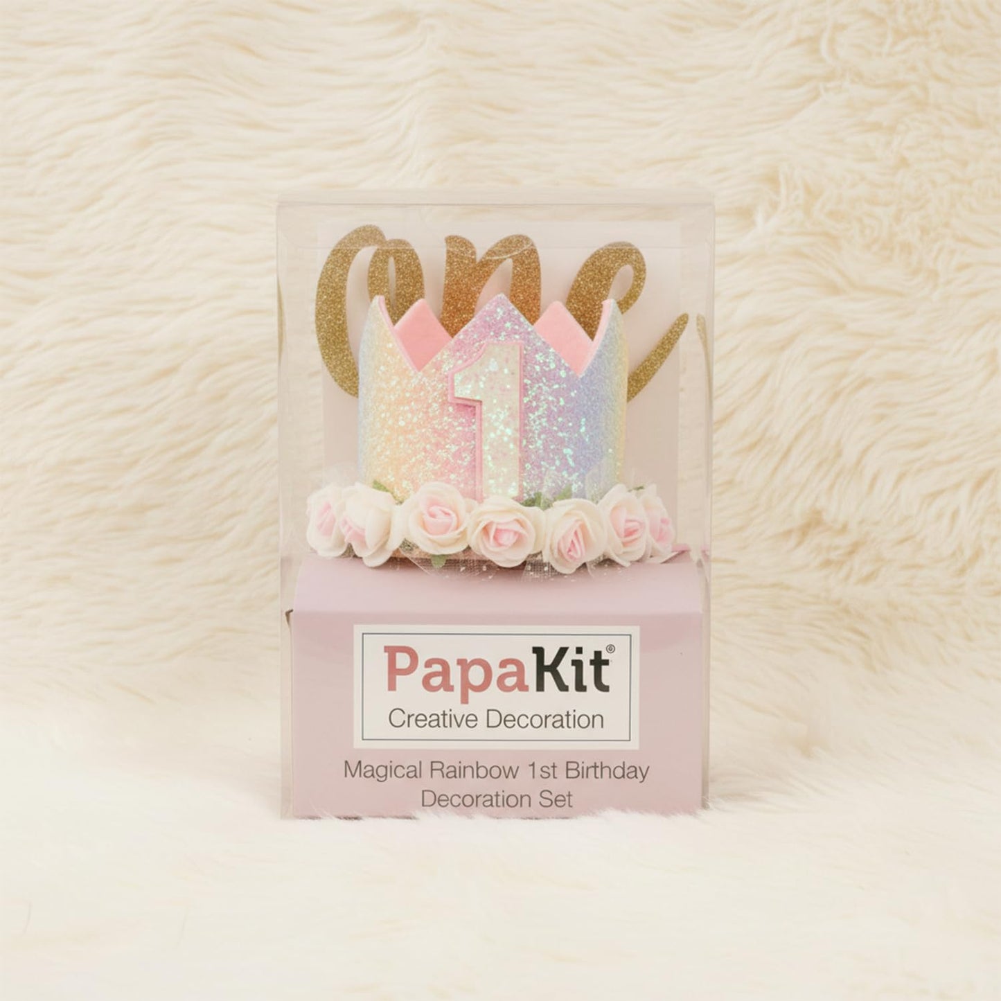 PapaKit Girls 1st Birthday High Chair Premium Decoration Set - Pastel Rainbow Ribbon Garland, Crown, One Banner & Cake Topper | Unicorn, Donut & Ice Cream Theme Cake Smash Photo Pro