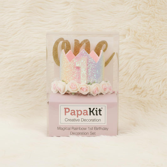 PapaKit Girls 1st Birthday High Chair Premium Decoration Set - Pastel Rainbow Ribbon Garland, Crown, One Banner & Cake Topper | Unicorn, Donut & Ice Cream Theme Cake Smash Photo Pro