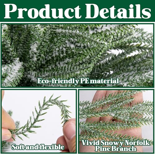 10-Pack 18in Snow Flocked Norfolk Pine Branches - Artificial Xmas Stems