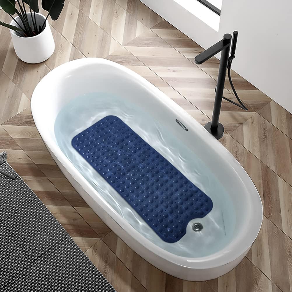 Linoows Non-Slip Bathtub Mat - Extra Long 39 x 16 Inch, Machine Washable with Suction Cups | Navy Blue