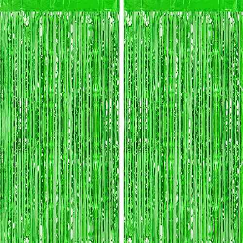 CHRORINE 2pcs 3ft x 8.3ft Green Tinsel Foil Fringe Curtains Streamers Backdrop for Green Birthday Jungle Safari Tropical Party Christmas Decorations