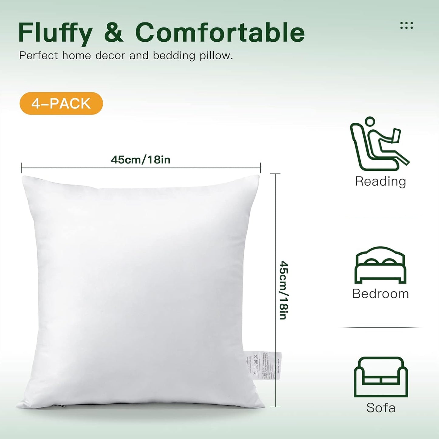 OTOSTAR Throw Pillow Inserts - Soft & Fluffy Cushion Pads | Pack of 4, 18 x 18 Inches, White
