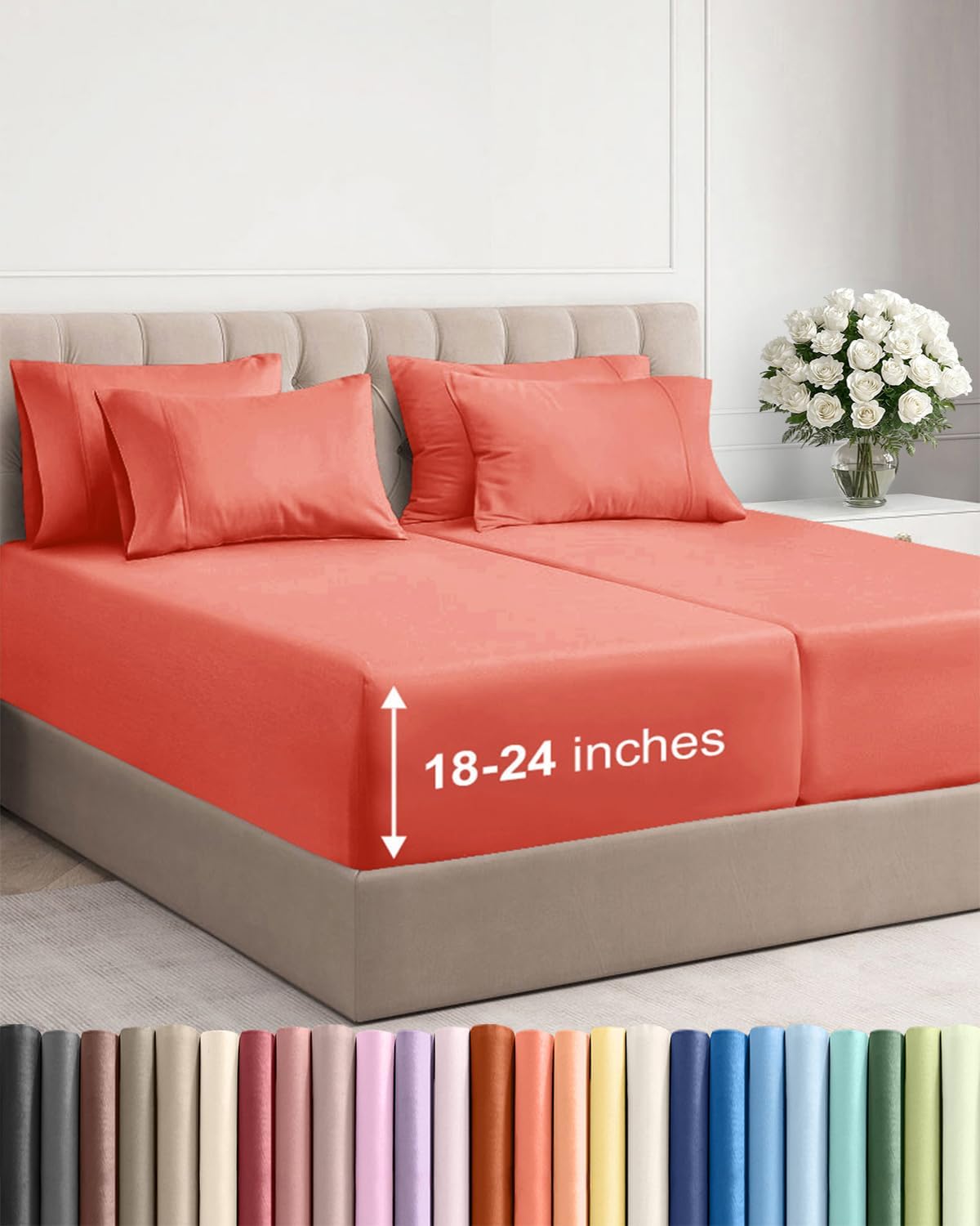 Skiennix Extra Deep Split King Sheet Set - 7 Piece Breathable Cooling Bedding - Soft Wrinkle-Free Coral