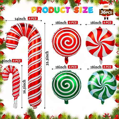 36Pcs Christmas Balloons Kit, Cane Candy Foil Balloons with Ribbons, Red Green Mylar Balloon for Party Decorations