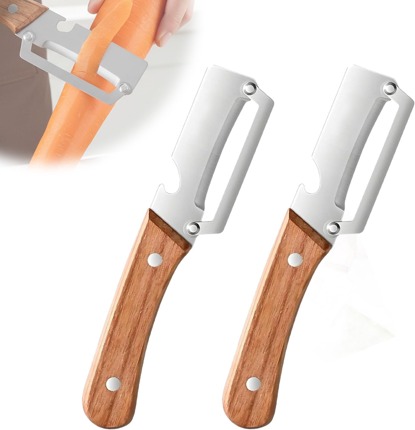 Sakerplus 2-in-1 Vegetable Peeler - Multifunctional Potato Peeler with Wooden Handle & Stainless Steel Blade