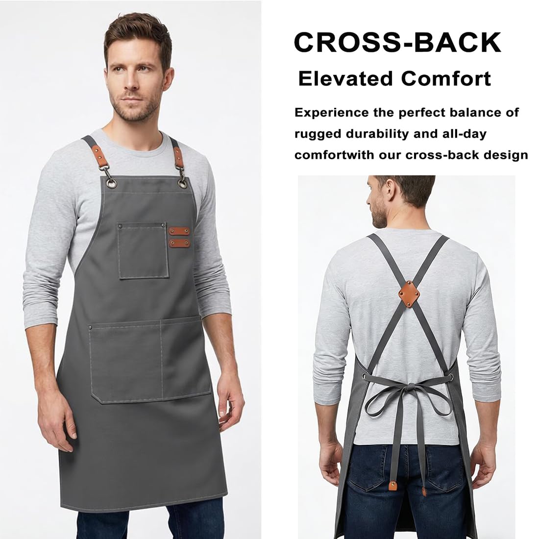 ZOMAO Chef Apron for Women Men with Large Pockets, Cotton Canvas Cross Back Waterproof Work Aprons for Kitchen Cooking Bib (Grey)