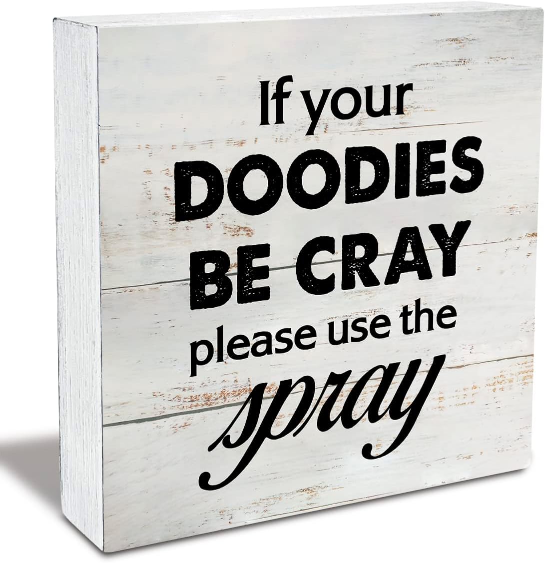 Rustic Bathroom Sign - Funny Wooden Box Decor for Farmhouse Style | 5x5 Inch Humor Restroom Decor
