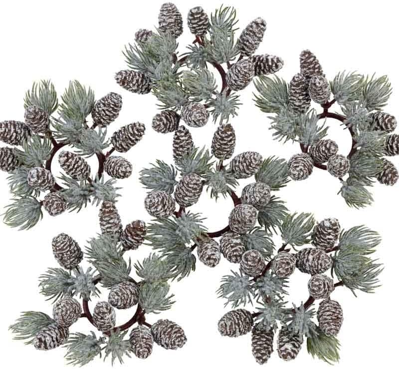 Skiennix Artificial Pine & Pinecone Candle Rings - Pack of 6 Faux Snowy Pine Decor