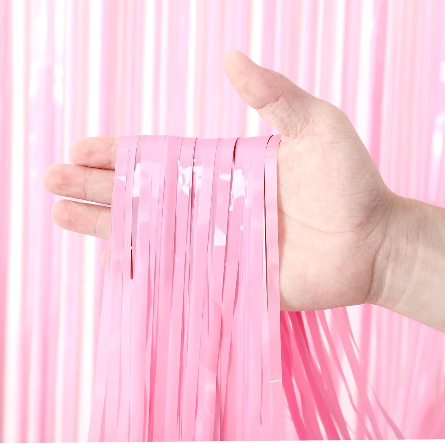 Voircoloria Foil Fringe Backdrop Curtains - 3 Pack of 3.3 x 8.2 ft Pasel Pink Tinsel Streamers for Parties