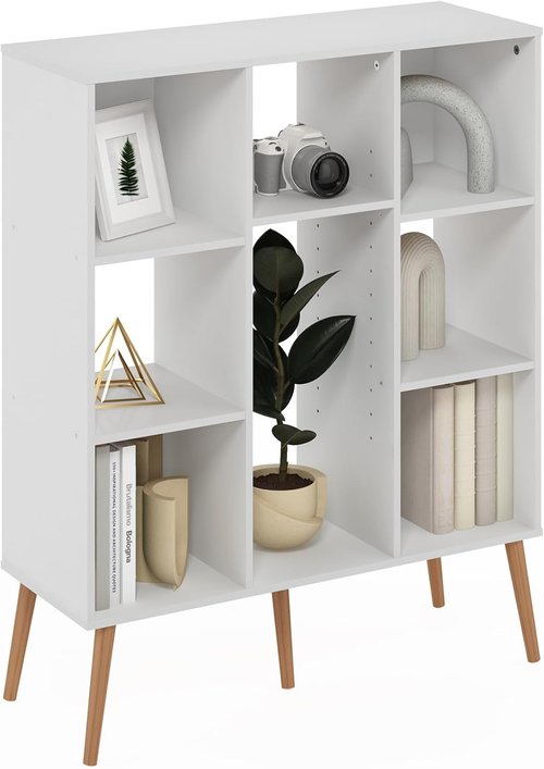 Furinno Claude Mid Century Book Shelf - 8-Cube Storage Organizer with Wood Legs | White, 10.9 x 31.5 x 39.3
