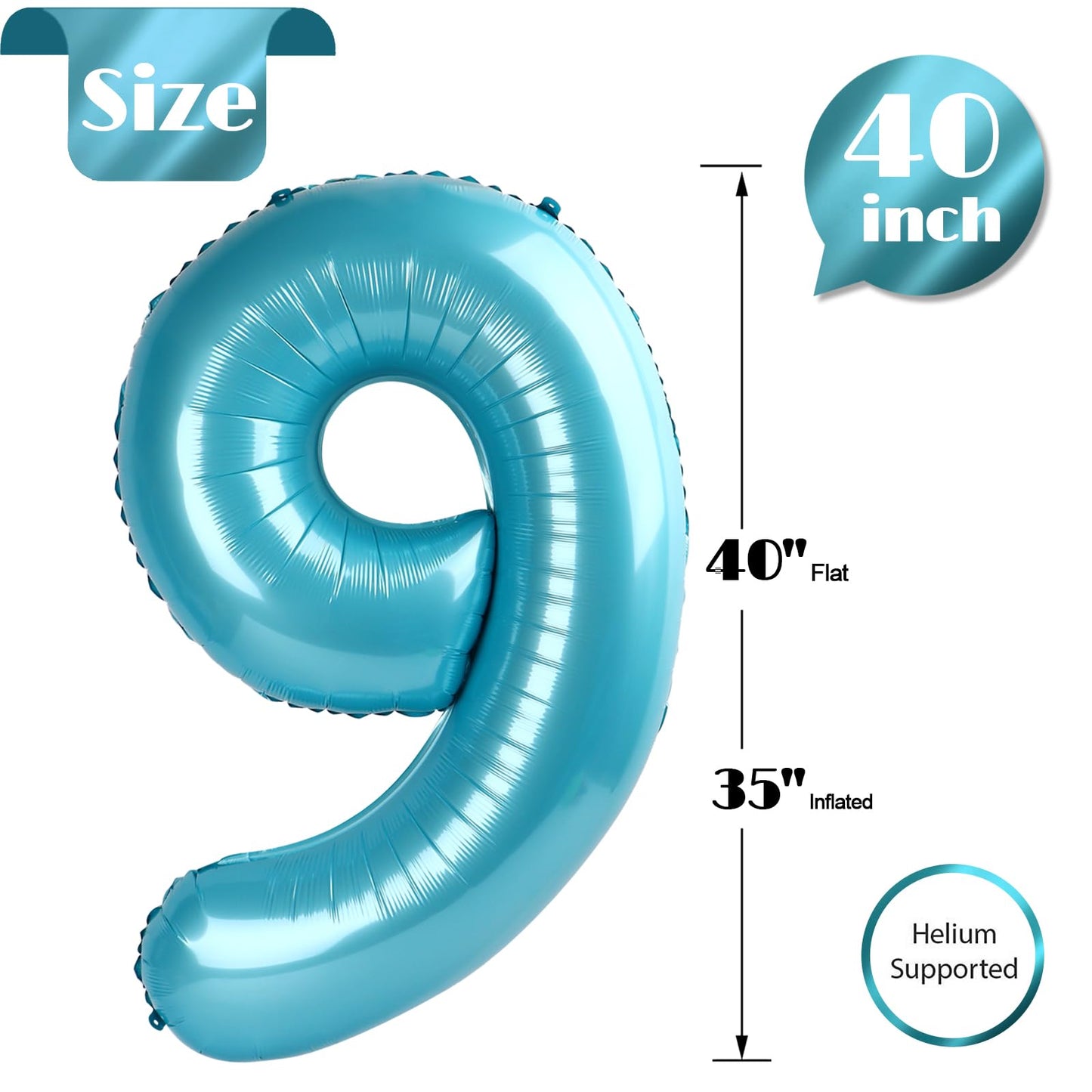 Pearlescent Blue 9 Balloon, Number Balloons 40 Inch, 9th Giant Birthday Decorations for Boys Girls, 19th 29th Party Decorations Supplies, Number 9 Balloon
