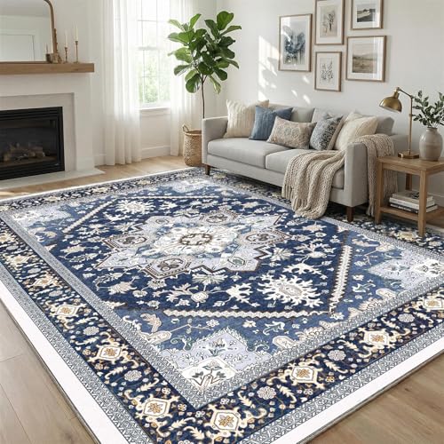8x10 Blue & Gold Persian-Inspired Washable Area Rug - Soft Faux Wool