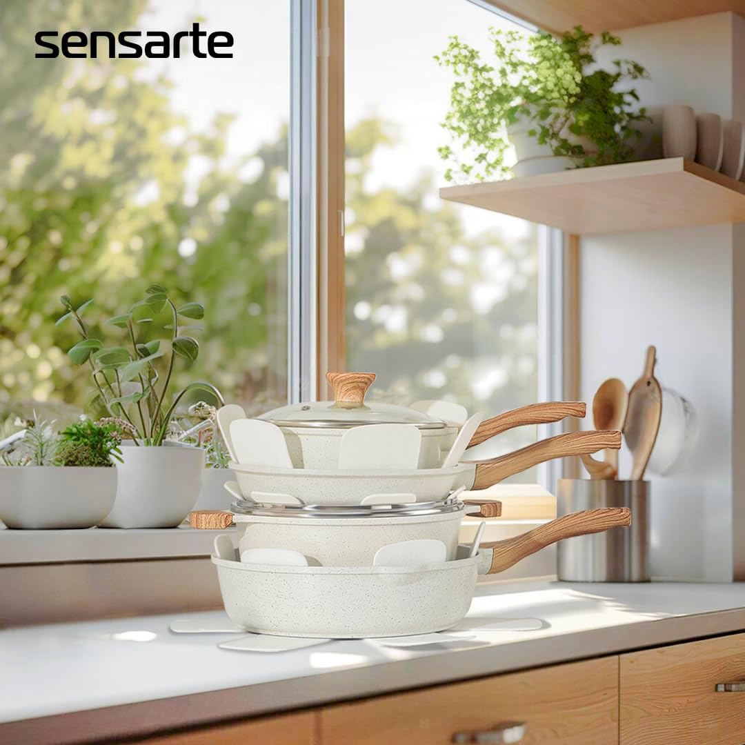 SENSARTE Nonstick Ceramic Cookware Set - 13-Piece Healthy Pots & Pans with Stay-Cool Handles & Silicone Tools