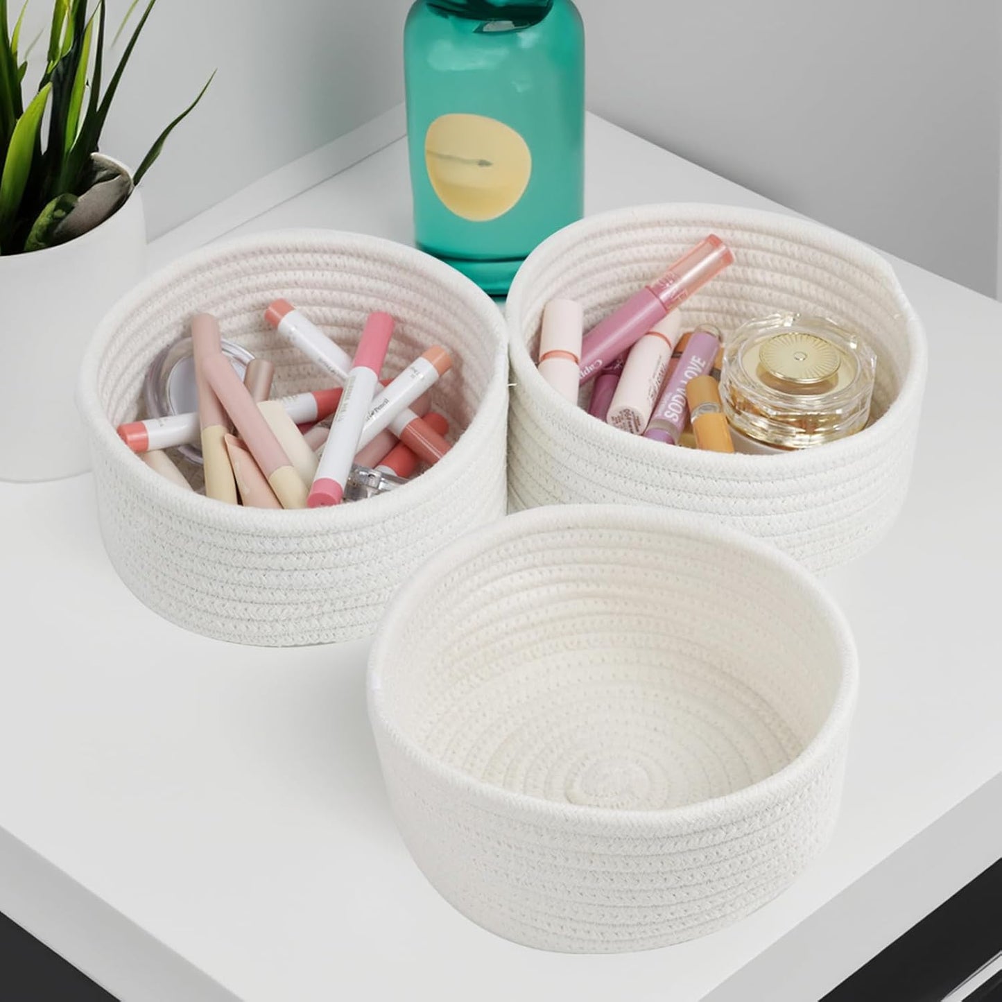Small Woven Baskets Set by [Brand Name] - Cute Cotton Rope Organizers for Nursery & Bathroom | 3 Mini Baskets
