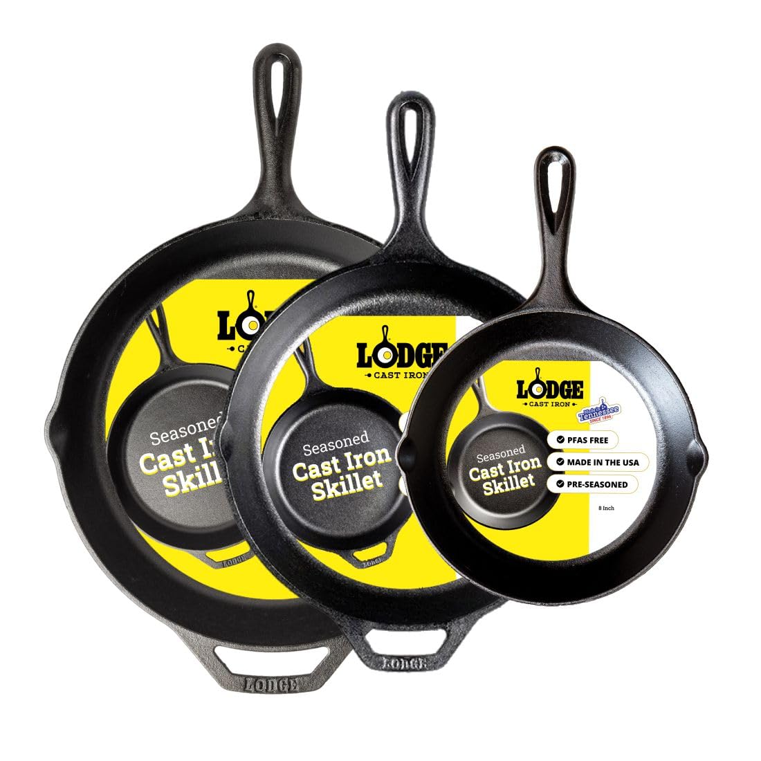 Lodge Seasoned Cast Iron Skillet Set 8, 10.25 & 12 Inches - PFAS-Free, Non-Toxic Cookware - Use with an Oven, Stove, Grill, or Campfire - Naturally Non-Stick & Oven Safe