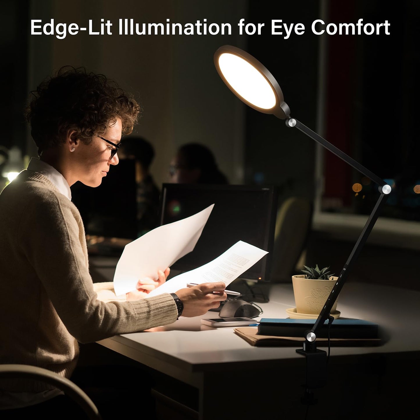 BOHON Desk Lamps for Home Office, 15W 5 Color Modes 10 Brightness Ring Light for Desk, Flexible Swing Arm LED Desk Light with Clamp for Video Conference Lighting Reading Zoom Streaming Table