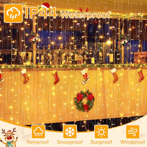 Ollny 6.6ft x 6.6ft Warm White 200 LED Curtain Lights 2-Pack with Remote Control