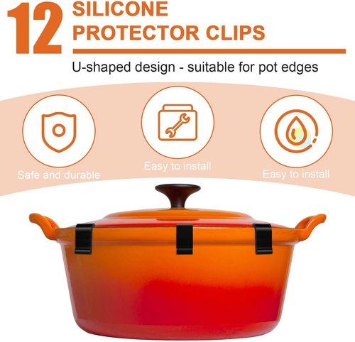 Gosknor Dutch Oven Lid Protector Clips - 12pcs Silicone Set for Round & Oval Lids - Black