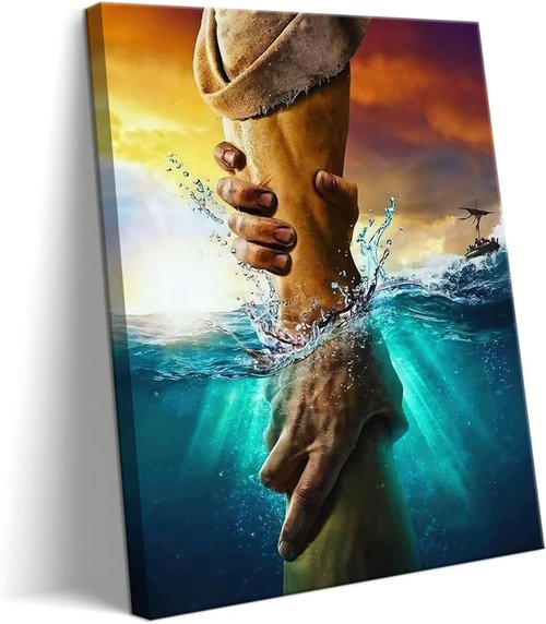 Framed Jesus Canvas Wall Art - The Hand of God Reaching Into Water | Blue Ocean Religious Decor 12x16 Inch